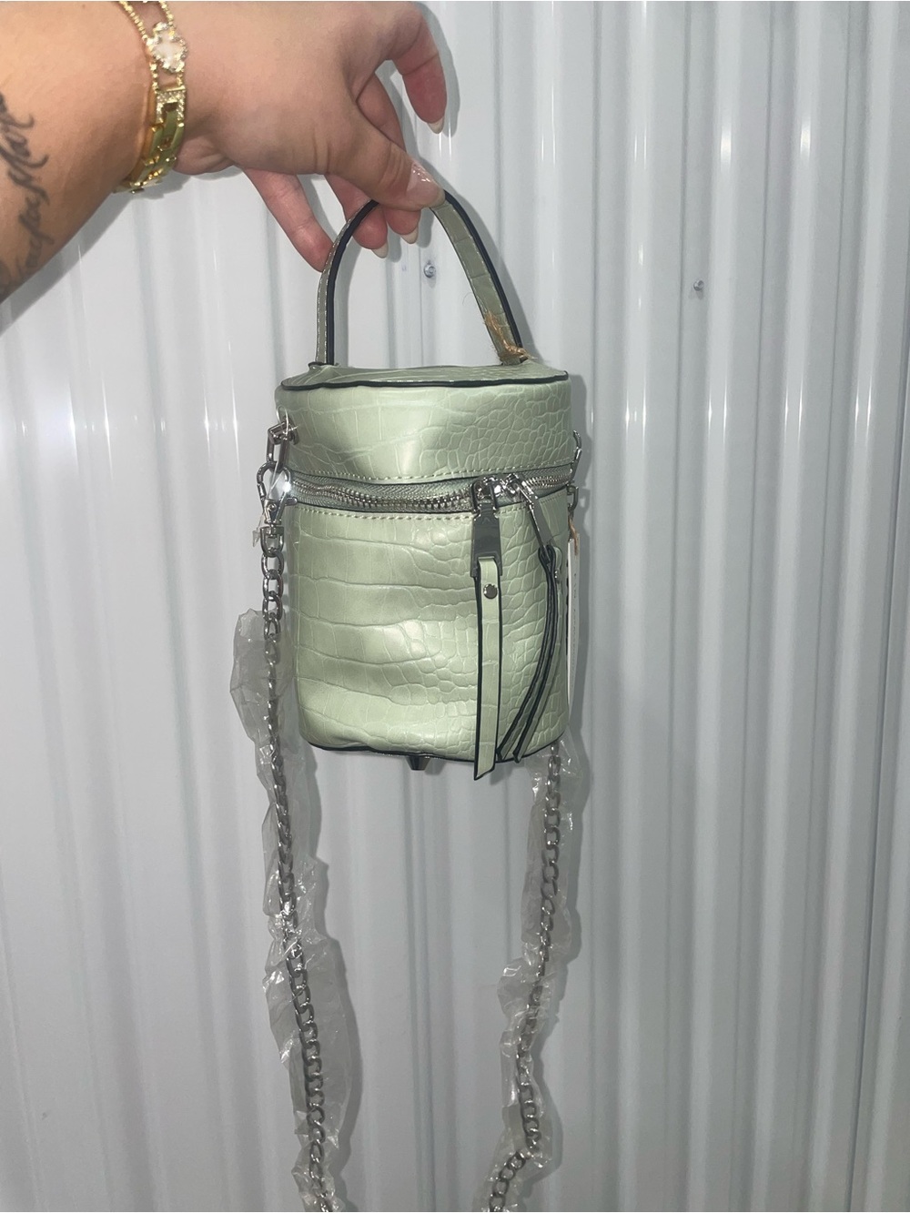 Mini Croc-Texture Top Handle Shoulder Bag in Pale Green
